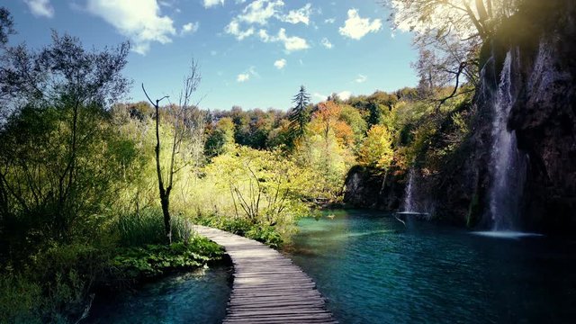 Waterfall in atumn forest, Plitvice, Croatia