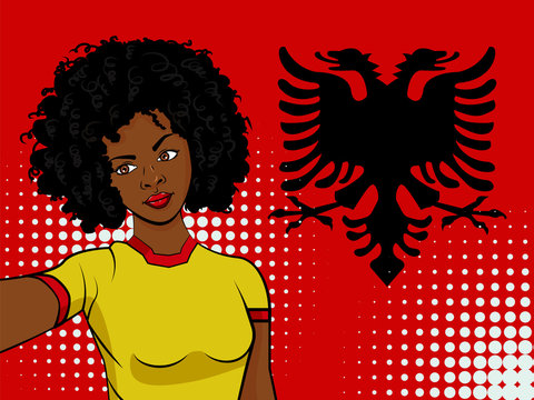 african american girl makes selfie in front of national flag Albania in pop art style illustration. Element of sport fan illustration for mobile and web apps