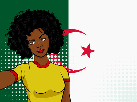 african american girl makes selfie in front of national flag Algeria in pop art style illustration. Element of sport fan illustration for mobile and web apps