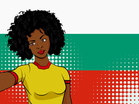 african american girl makes selfie in front of national flag Bulgaria in pop art style illustration. Element of sport fan illustration for mobile and web apps