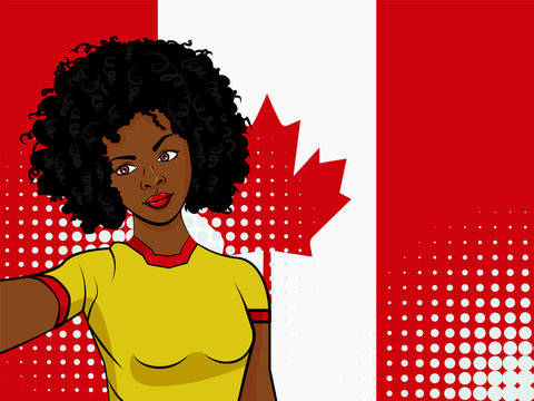 african american girl makes selfie in front of national flag Canada in pop art style illustration. Element of sport fan illustration for mobile and web apps