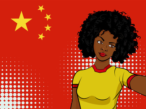 african american girl makes selfie in front of national flag China in pop art style illustration. Element of sport fan illustration for mobile and web apps