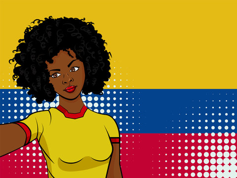 african american girl makes selfie in front of national flag Colombia in pop art style illustration. Element of sport fan illustration for mobile and web apps