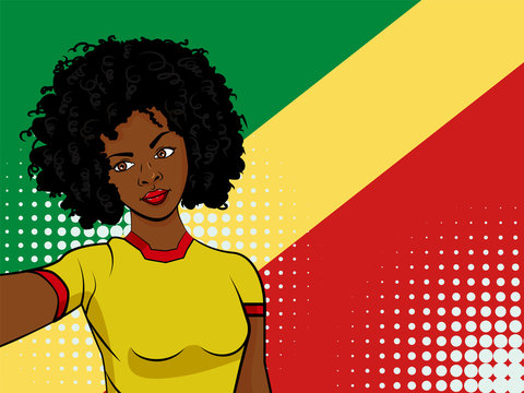 african american girl makes selfie in front of national flag Congo in pop art style illustration. Element of sport fan illustration for mobile and web apps
