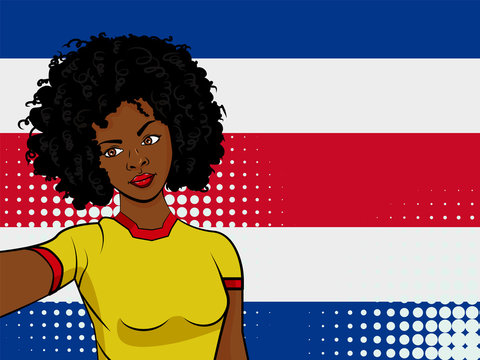 african american girl makes selfie in front of national flag Costa Rica in pop art style illustration. Element of sport fan illustration for mobile and web apps