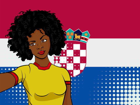 african american girl makes selfie in front of national flag Croatia in pop art style illustration. Element of sport fan illustration for mobile and web apps