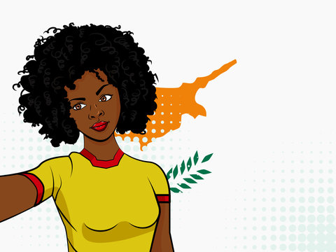 african american girl makes selfie in front of national flag Cyprus in pop art style illustration. Element of sport fan illustration for mobile and web apps