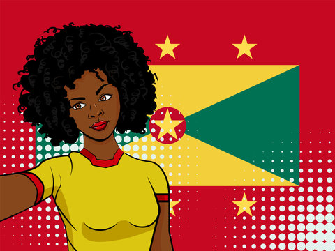 african american girl makes selfie in front of national flag Grenada in pop art style illustration. Element of sport fan illustration for mobile and web apps
