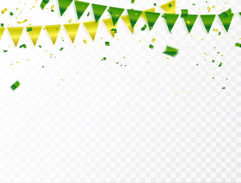 Celebration Background Template With Confetti And Green And Yellow Ribbons.