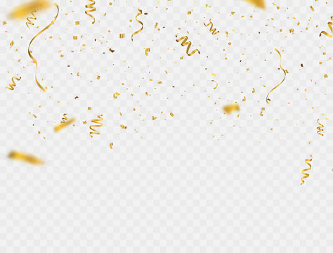Celebration background template with confetti and gold ribbons.
