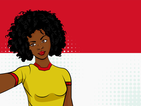 african american girl makes selfie in front of national flag Indonesia in pop art style illustration. Element of sport fan illustration for mobile and web apps
