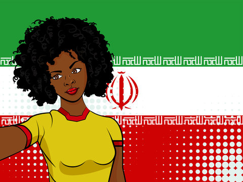 african american girl makes selfie in front of national flag Iran in pop art style illustration. Element of sport fan illustration for mobile and web apps