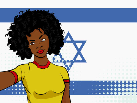 african american girl makes selfie in front of national flag Israil in pop art style illustration. Element of sport fan illustration for mobile and web apps