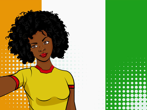 african american girl makes selfie in front of national flag Ivory Coast in pop art style illustration. Element of sport fan illustration for mobile and web apps