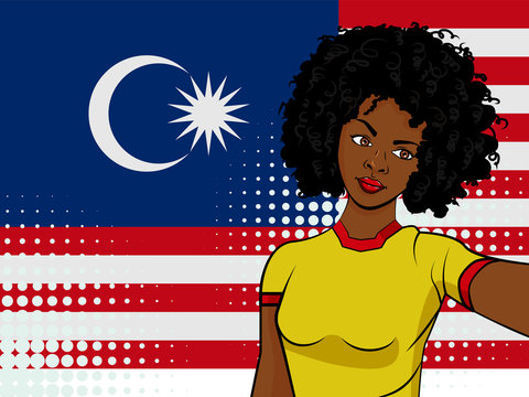 african american girl makes selfie in front of national flag Malaysia in pop art style illustration. Element of sport fan illustration for mobile and web apps
