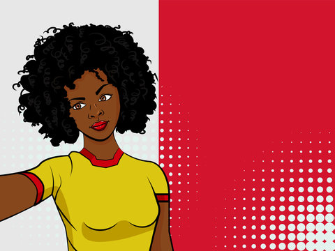 african american girl makes selfie in front of national flag Malta in pop art style illustration. Element of sport fan illustration for mobile and web apps