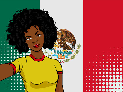 african american girl makes selfie in front of national flag Mexico in pop art style illustration. Element of sport fan illustration for mobile and web apps