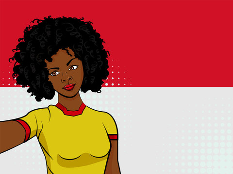african american girl makes selfie in front of national flag Monaco in pop art style illustration. Element of sport fan illustration for mobile and web apps