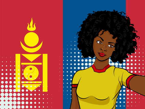 african american girl makes selfie in front of national flag Mongolia in pop art style illustration. Element of sport fan illustration for mobile and web apps