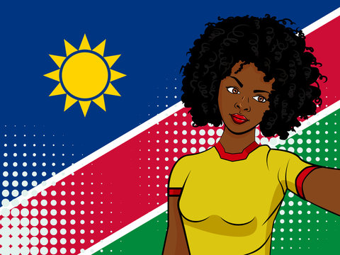 african american girl makes selfie in front of national flag Namibia in pop art style illustration. Element of sport fan illustration for mobile and web apps