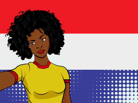 african american girl makes selfie in front of national flag Netherlands in pop art style illustration. Element of sport fan illustration for mobile and web apps