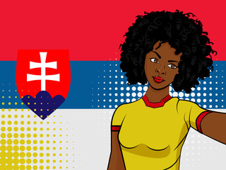african american girl makes selfie in front of national flag Slovakia in pop art style illustration. Element of sport fan illustration for mobile and web apps
