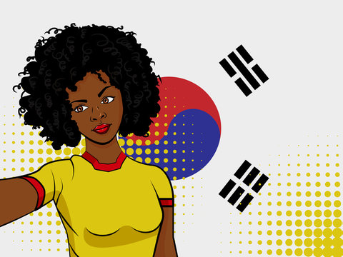african american girl makes selfie in front of national flag South Korea in pop art style illustration. Element of sport fan illustration for mobile and web apps