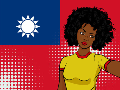 african american girl makes selfie in front of national flag Taiwan in pop art style illustration. Element of sport fan illustration for mobile and web apps