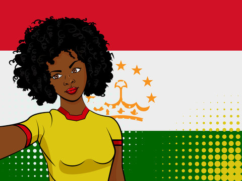 african american girl makes selfie in front of national flag Tajikistan in pop art style illustration. Element of sport fan illustration for mobile and web apps