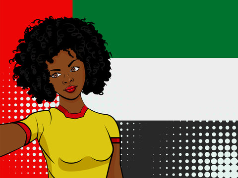 african american girl makes selfie in front of national flag United Arab Emirates in pop art style illustration. Element of sport fan illustration for mobile and web apps