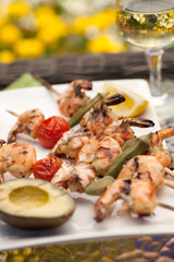 Grilled Shrimps Skewers for Dinner in Garden