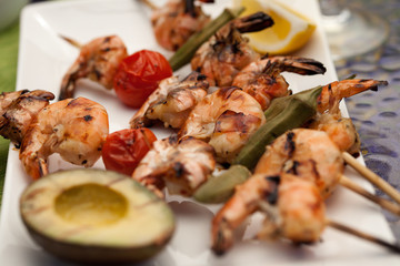 Grilled Shrimps Skewers for Dinner in Garden
