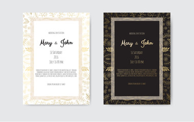 Golden Vector invitation with floral elements.