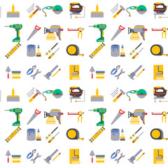 Construction worker equipment house renovation handyman tools carpentry industry seamless pattern background vector illustration.