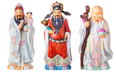 Chinese God of Fortune or Three gods of the Chinese, Fu Lu Shou. (Hock Lok Siew) means Prosperity and Longevity figurine isolated in white, include vector clipping path 