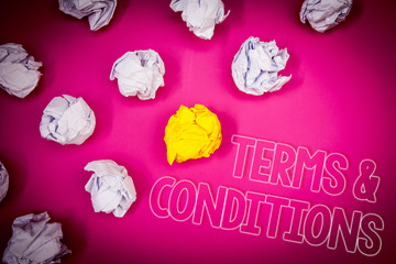 Writing note showing  Terms  and Conditions. Business photo showcasing Legal Law Agreement Disclaimer Restrictions Settlement Pink ground white paper lumps shadow yellow lob outline letters.