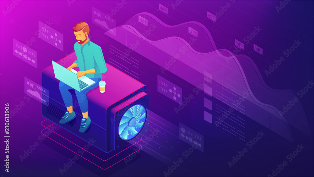 Poster isometric web developer concept. blockchain freelance front end and back end programmer with laptop,