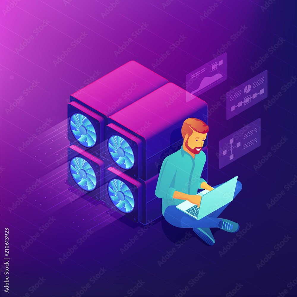 Poster isometric blockchain technology development concept. blockchain developer sitting near gpu mining fa