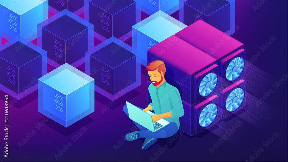 Poster isometric blockchain technology development concept. blockchain developer sitting near gpu mining fa