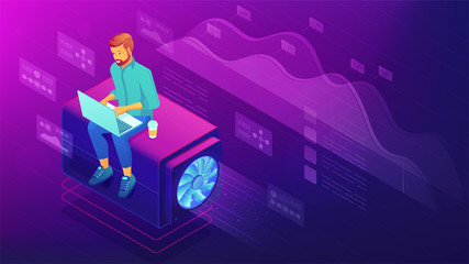 Isometric web developer concept. Blockchain freelance front end and back end programmer with laptop, global development, coding illustration on ultraviolet background. Vector 3d isometric illustration