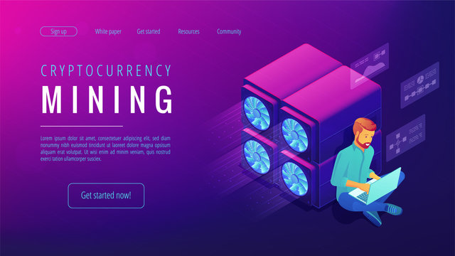 Isometric cryptocurrency mining landing page concept. Blockchain global system, video card server farm, data processing unit equipment on ultra violet background. Vector 3d isometric illustration.
