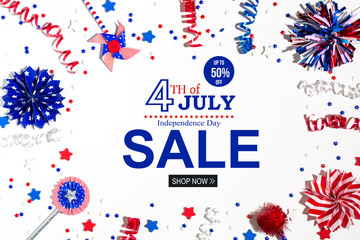 4th of July sale with holiday decorations on a white background flat lay