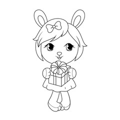 Cute baby rabit girl in dress, holding gift box. Adult coloring page.
