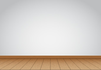 Realistic gray wall blank with brown wood floor interior background vector illustration.