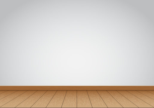 Realistic Gray Wall Blank With Brown Wood Floor Interior Background Vector Illustration.