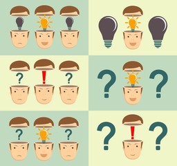 thoughtful young businessman . Start up concept. Stock flat vector illustration. Leadership concept with question marks and red exclamation mark in the open heads on background