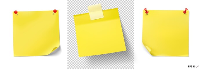 Yellow stick paper notes with push pins and tape on white background. Vector illustration. Can be use for your design, presentation, promo, adv. EPS10. - obrazy, fototapety, plakaty