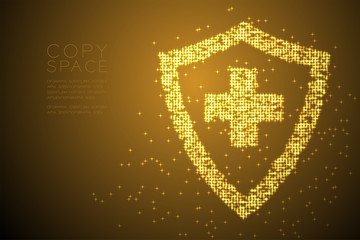 Abstract Shiny Bokeh star pattern Medical shield with cross sign shape, protection concept design gold color illustration isolated on brown gradient background with copy space, vector
