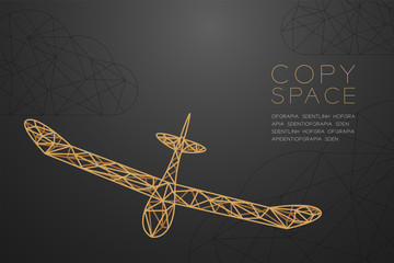 Glider plane gold color and cloud wireframe Low polygon frame structure, business travel concept design illustration isolated on black gradient background with copy space, vector eps 10