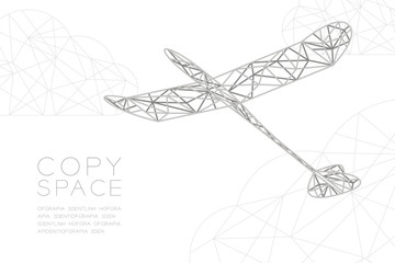 Glider plane silver color and cloud wireframe Low polygon frame structure, business travel concept design illustration isolated on black gradient background with copy space, vector eps 10